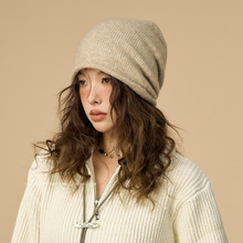 秋冬季羊毛堆堆帽子女复古卡其色针织包头帽纯色保暖护耳毛线冷帽