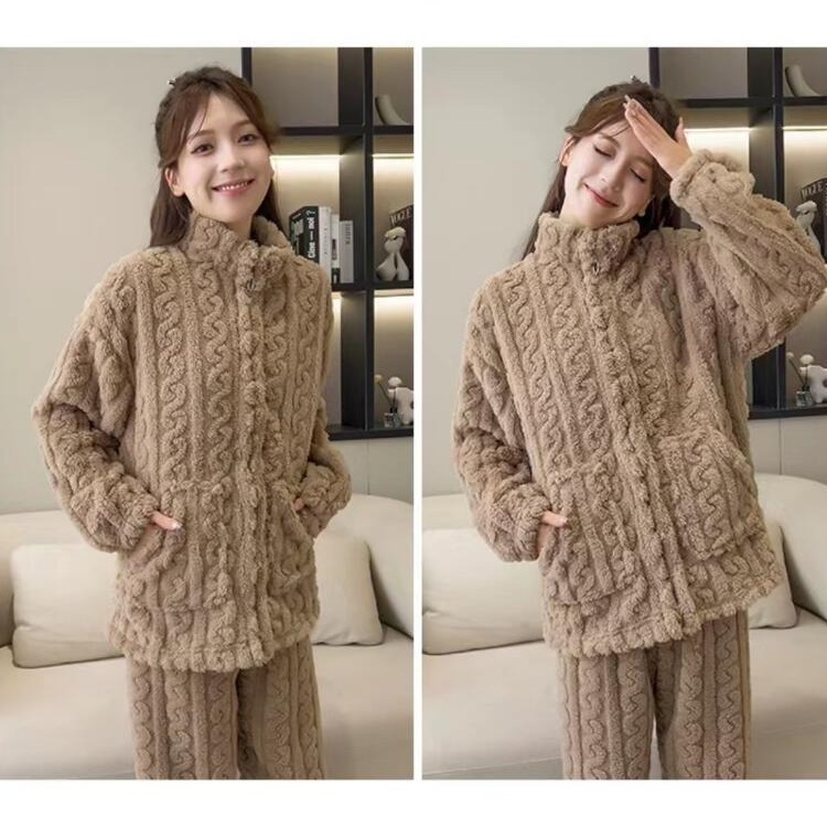 2023 Autumn and Winter New Flannel Warm Suit Women's Cardigan Zipper Fleece-lined Thickened Jacquard Homewear Pajamas Women