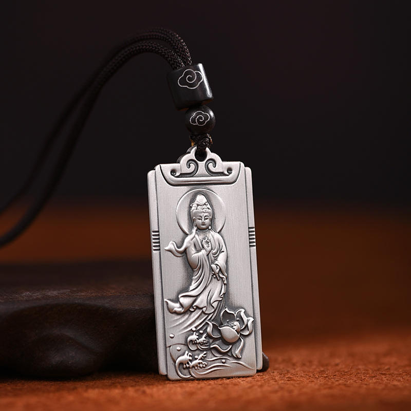 999纯银观音菩萨吊坠男士款平安无事牌复古国风足银实心银牌挂件