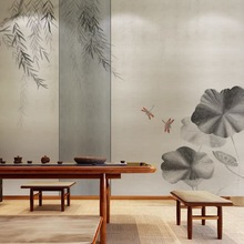 中式手绘荷花民宿背景墙布古风禅意客厅沙发壁纸素雅茶室墙纸壁画