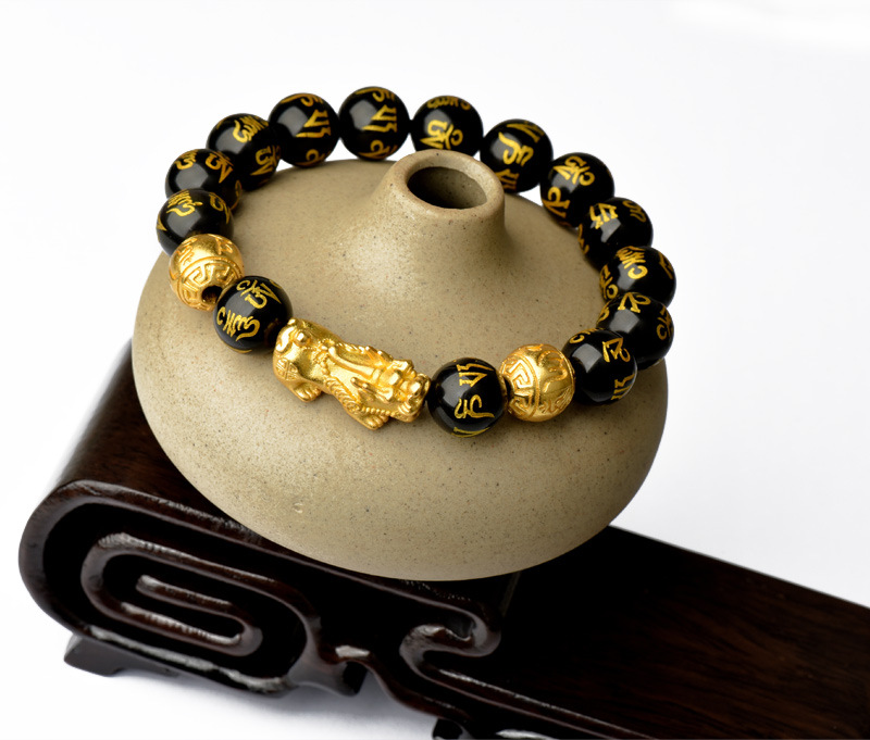 跨境男款黑曜石手链沙金貔貅招财手串民族风六字真言手饰厂家批发