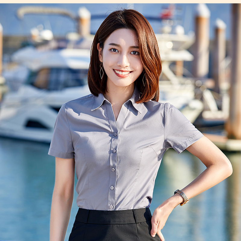 夏季新品短袖v领女衬衫大学生面试工作服商务衬衫职业装工装