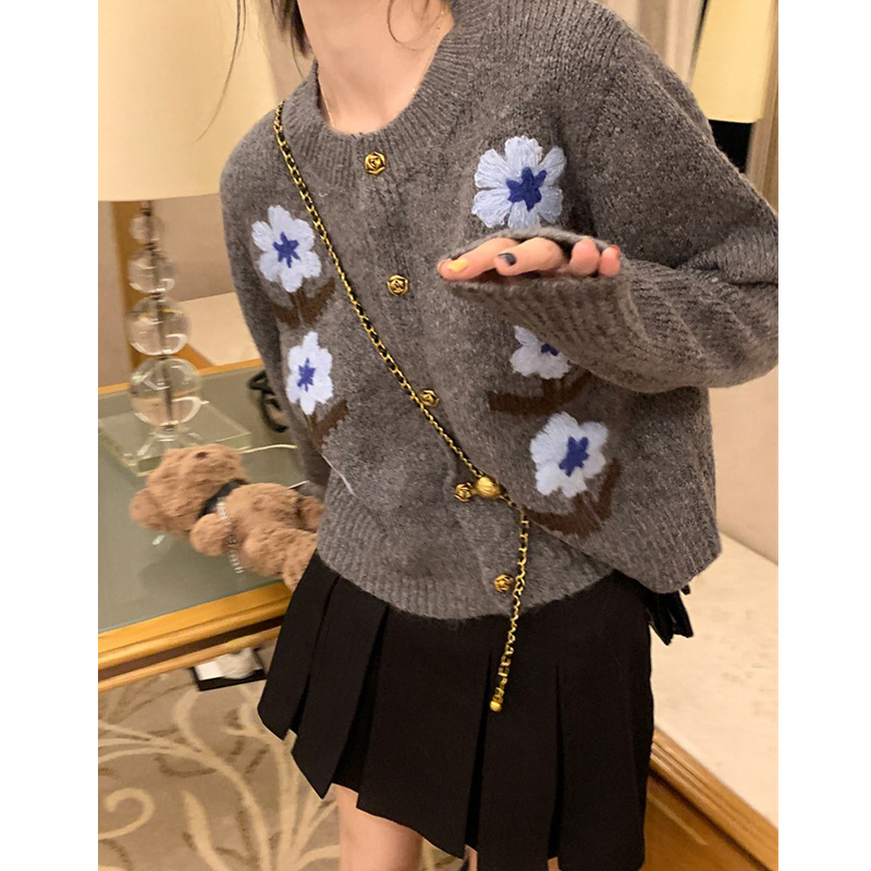 retro embroidered flower sweater cardigan women‘s short loose spring and autumn lazy small age-reducing soft glutinous knitted coat