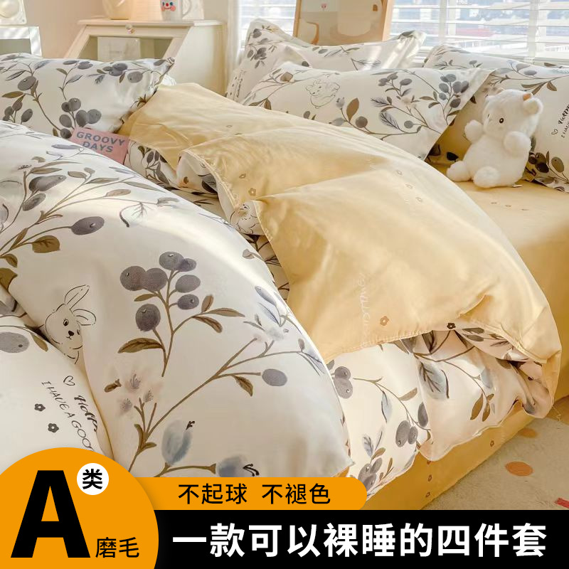 Fresh Class a Pure Brushed Four-Piece Set Skin-Friendly Soft Single Quilt Cover Household Dormitory 4-Piece Double Bed Supplies