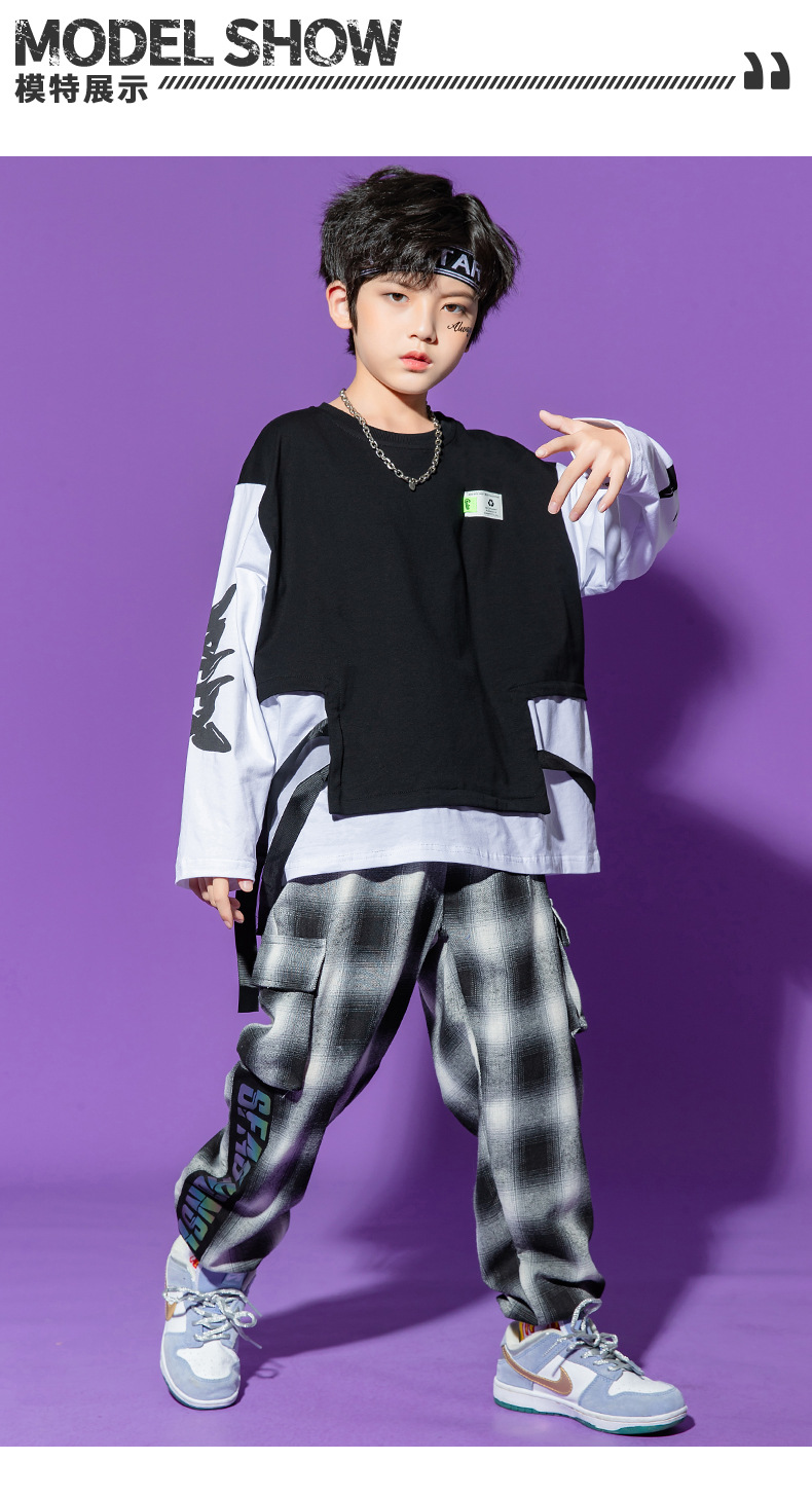 男童嘻哈街舞套装儿童潮流帅气长袖女童爵士舞走秀服hiphop演出服