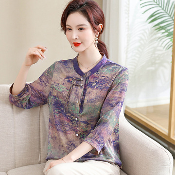 中老年女夏装真丝七分袖衬衫两件套装妈妈装新中式桑蚕丝大码上衣