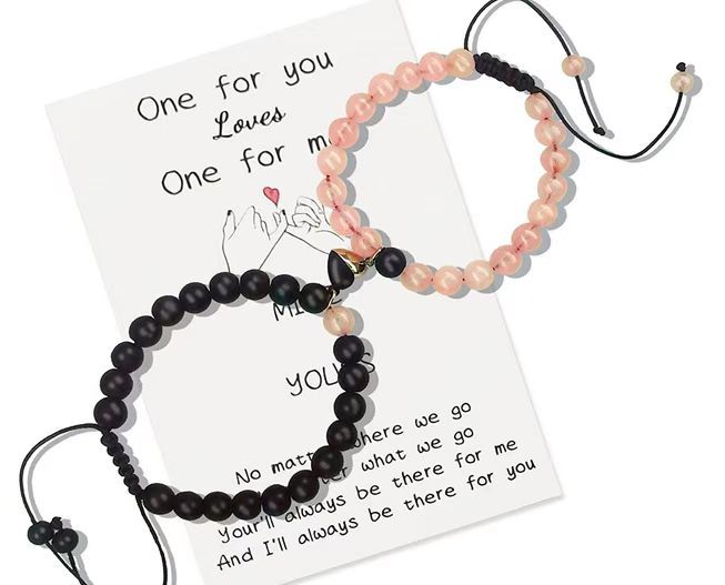 Amazon New Couple Card Bracelet Pink Crystal Volcanic Rock White-Barked Pine Love Magnet Pink Crystal Couple Bracelet