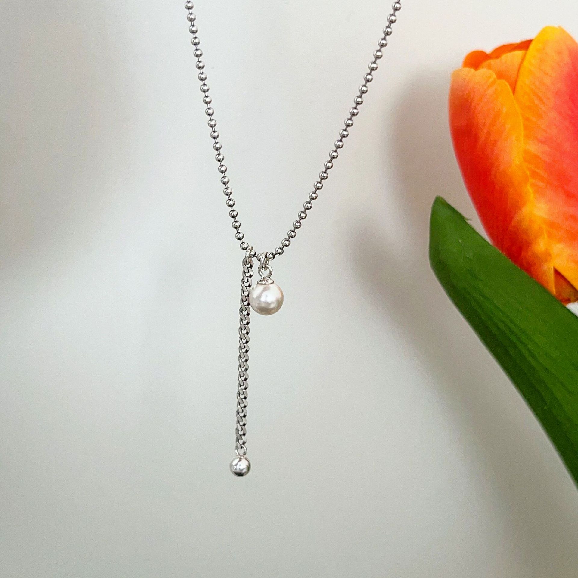 银瑞泰s925纯银韩国简约气质甜美贝珠银珠流苏高级百搭银项链