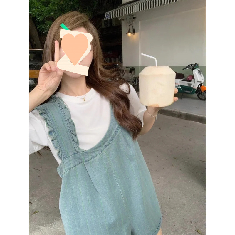 韩系女套装氛围感显瘦设计牛仔背带裤裙叠穿T恤坎肩小个子减龄潮