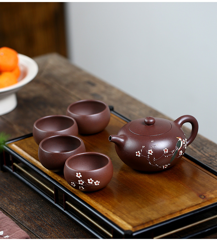 宜兴紫砂壶原矿老紫泥全手工泥绘家用泡茶壶功夫茶具套装一壶四杯
