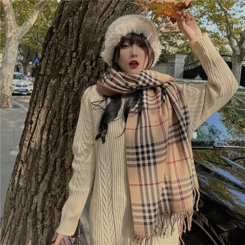 Plaid Scarf for Women Autumn and Winter Korean Style Versatile Cashmere-like Double-Sided Dual-Use Shawl Thickened Warm Scarf Fashionable Outer Wear