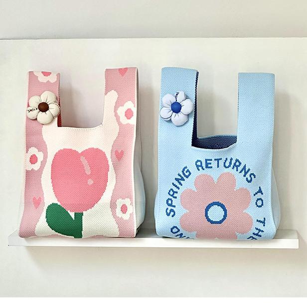 38女神节针织包高级感大容量卡通花朵包包女网红手提袋伴手礼品袋