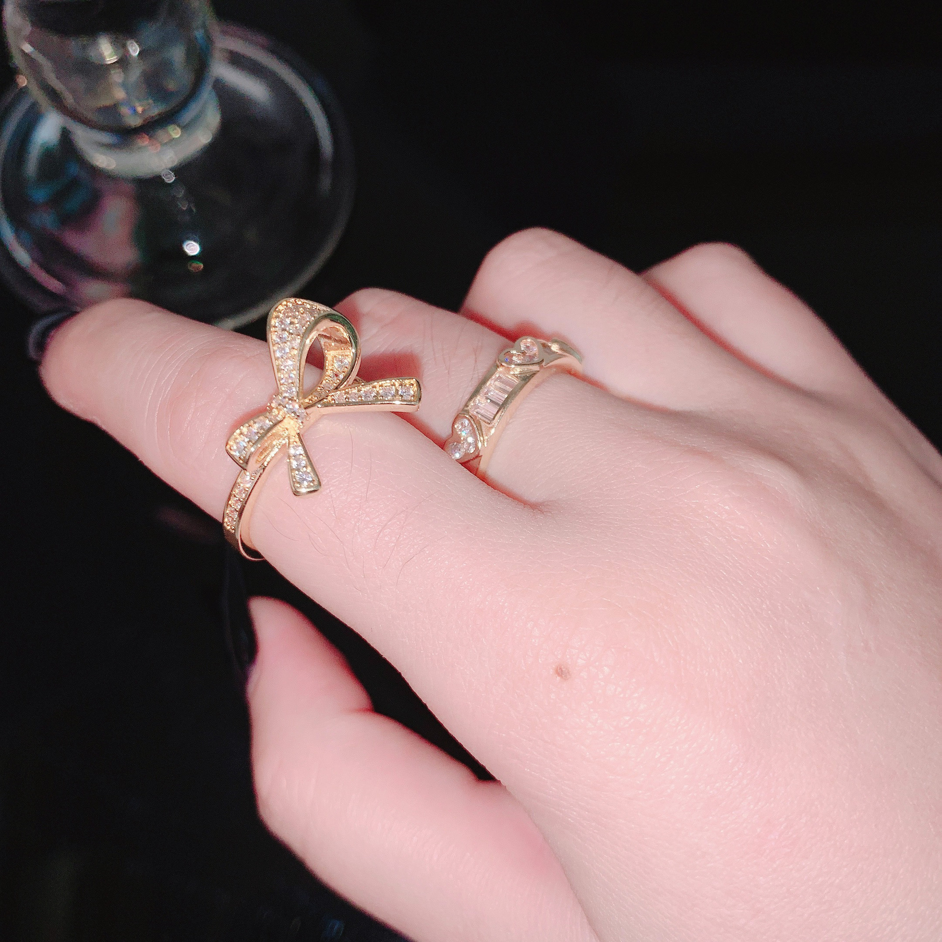 1242蝴蝶结戒指女轻奢精致ins风潮仙女森系 网红爱心指环圈 套装