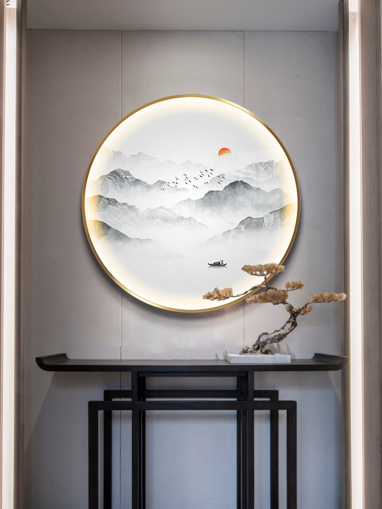 进门入户圆形玄关壁画新中式山水走廊尽头背景墙挂画带灯装饰画