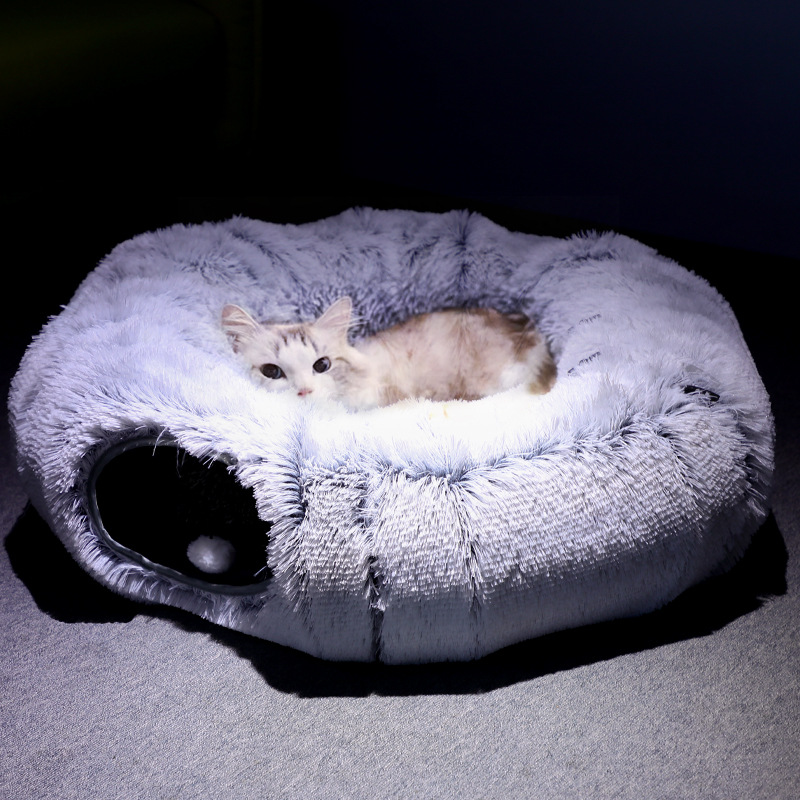 Winter Cat Nest Cat Tunnel round Plush Warm Pet Bed Foldable Two-in-One Cat Tunnel Nest Dog Nest Cross-Border