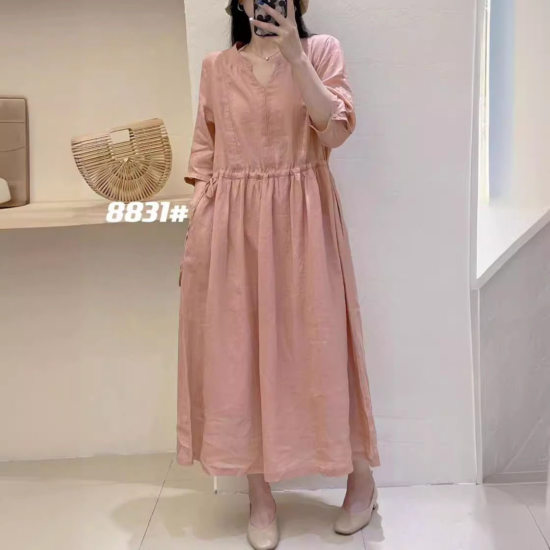 yf8831文艺纯色苎麻薄款时尚显瘦连衣裙2024夏季新品休闲气质裙女