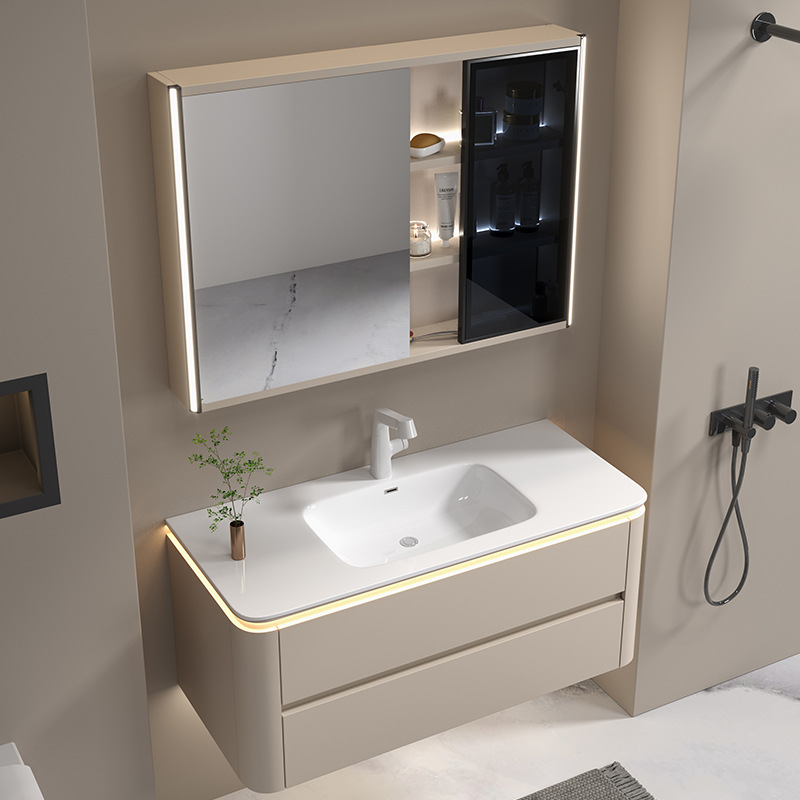 新款浴室柜陶瓷一体盆卫生间智能圆弧实木洗漱台洗手洗脸盆柜组合