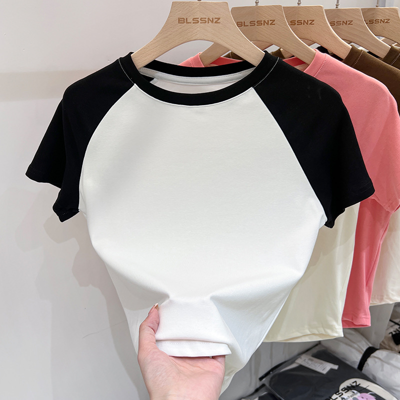 美式辣妹撞色插肩袖灰色短袖t恤女夏季别致漂亮减龄正肩短款上衣