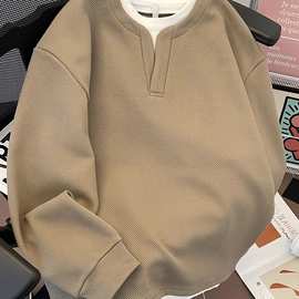 秋冬季假两件加绒卫衣男日系简约复古宽松休闲保暖套头长袖体恤衫