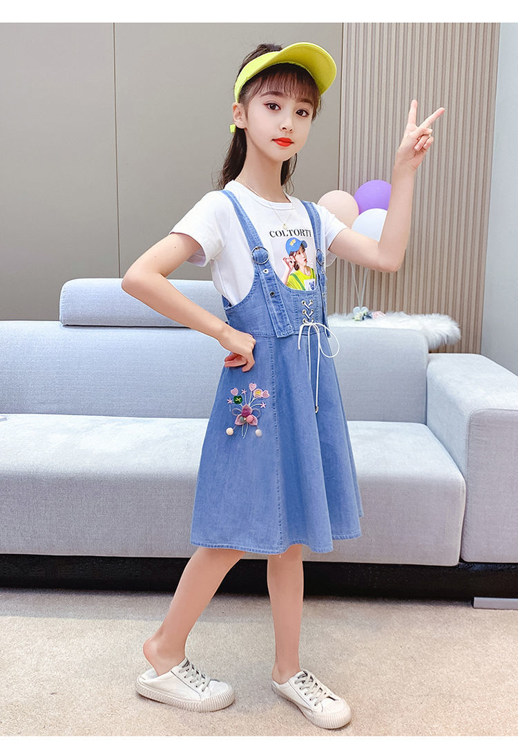 女童夏季牛仔背带裙套装新款儿童吊带裙女孩洋气两件套