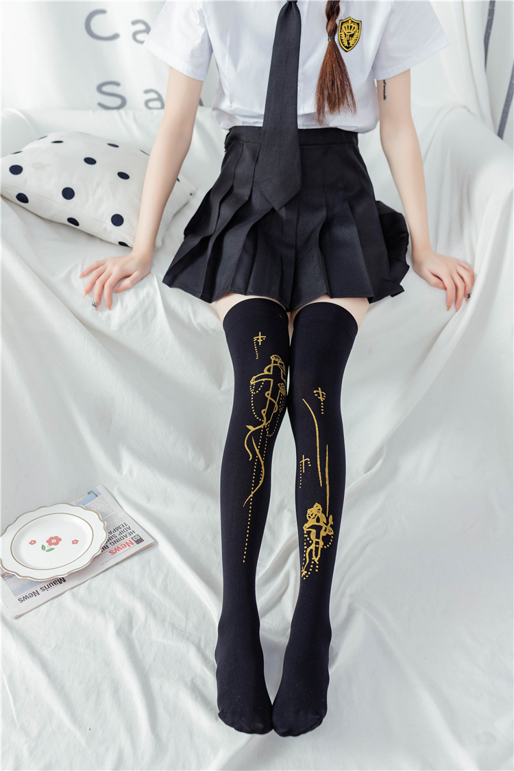 天鹅绒过膝袜大腿袜黑白丝袜烫金胶印lolita长筒jk学生微透女 cos
