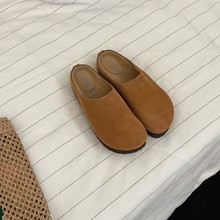 桑坡2025真皮复古平跟小土豆复古row风包头半拖女平底拖鞋穆勒tuo