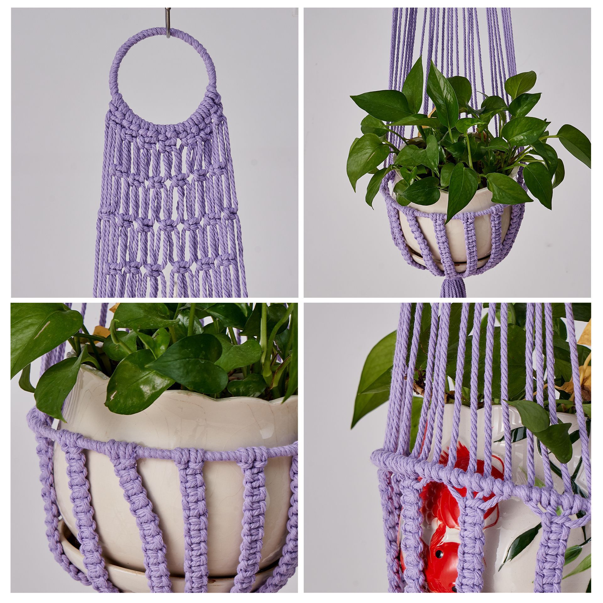 Net Pocket Cross-Border Supply Three-Color Flower Pot Woven Cotton String Flower Pot Hanging Basket Net Pocket Ring Plant Hanging Basket