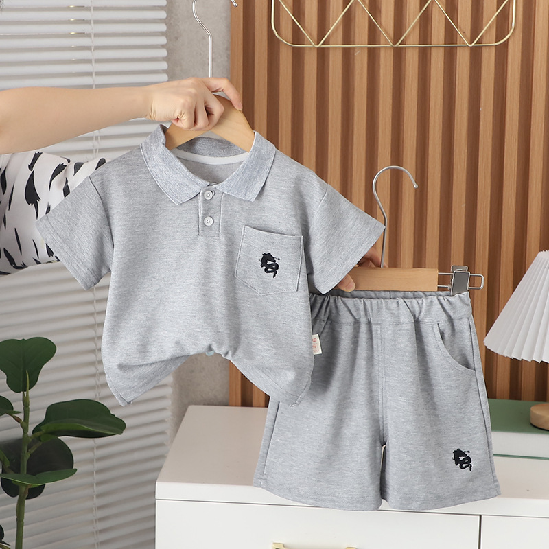 2024 Baby Boy Summer Clothes Suit New Western Style Girls Summer Handsome Short Sleeve Solid Color Polo Children Short Oversleeves