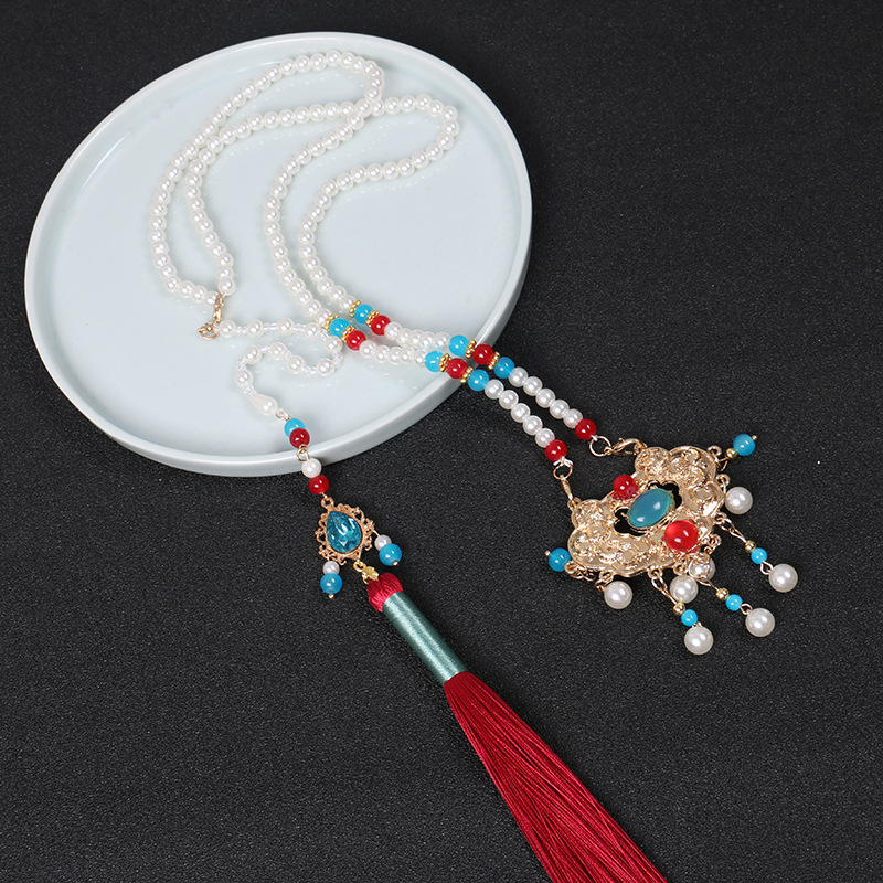 Original Hanfu Beiyun Necklace of Precious Stones Long Necklace Tassel Pearl Collar Ming Evening Ancient Style Longevity Lock Flat-Fitting Collar Matching