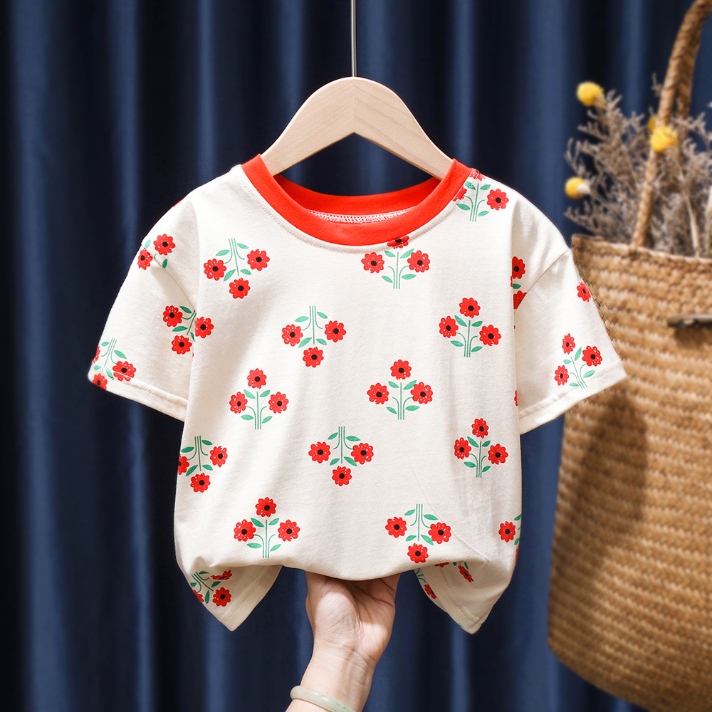 女宝宝夏季碎花上衣短袖婴儿夏装女童半袖t恤洋气小童夏装夏天