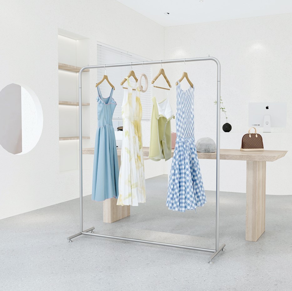 相似同款4定制不锈钢展示中岛架木质亮光漆落地服装架挂衣服架裤子中