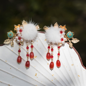 复古毛绒汉服配饰超仙古风发饰毛球流苏发夹景泰蓝国风头饰女23.