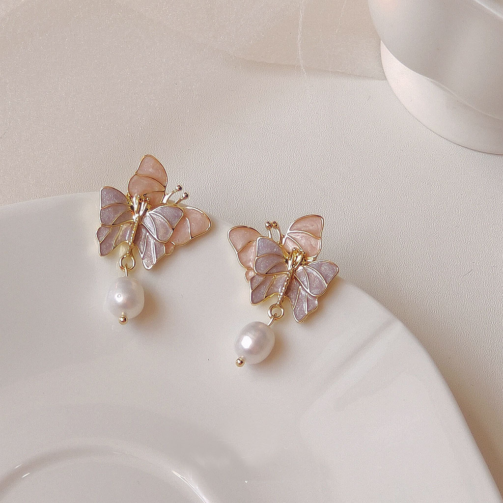 Super Fairy Girl Sterling Silver Needle Purple Dreamy Butterfly Vintage Earrings Gentle Freshwater Pearl Grace Ear Studs