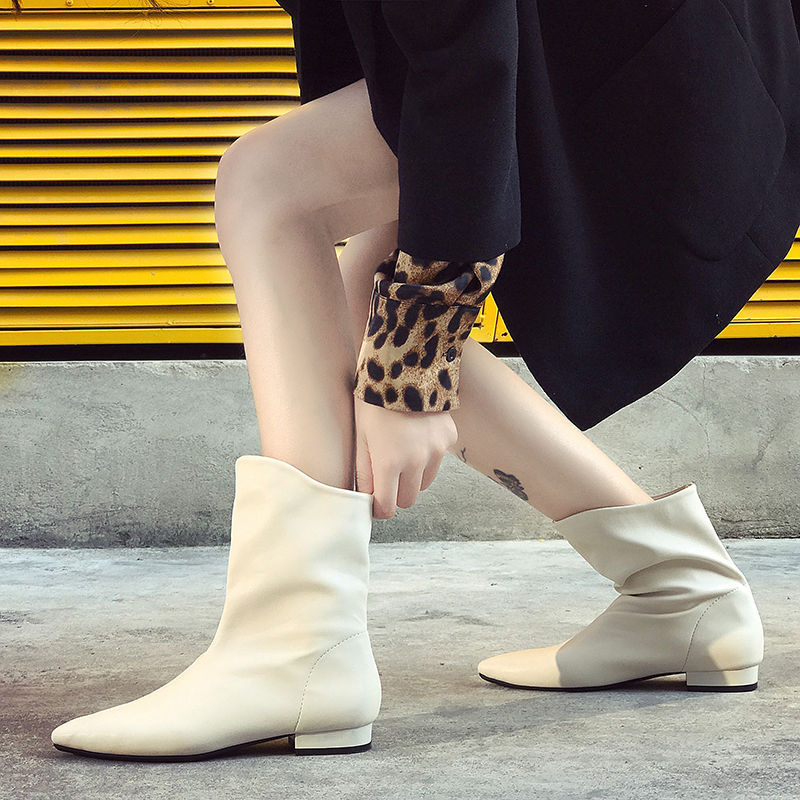 2022春秋新款皮靴尖头中筒靴女平底单靴子女平跟女靴粗跟短靴女潮