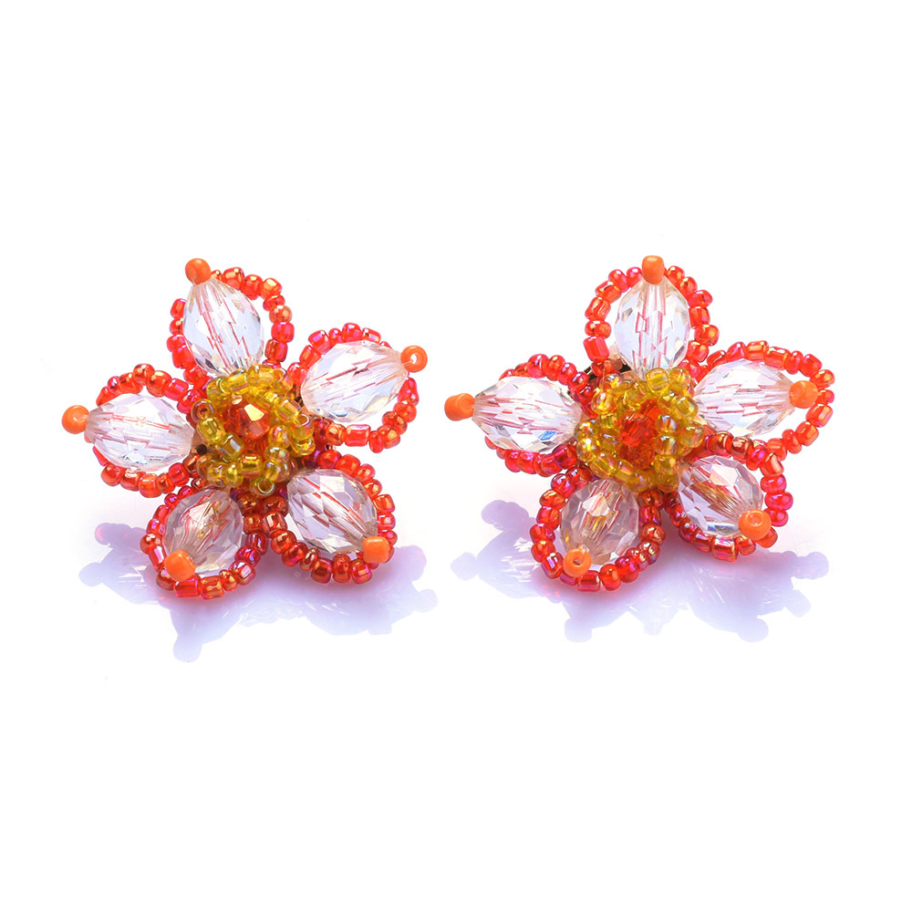 za秋冬款夸张手工编织米珠花卉耳环女欧美复古波西米亚风串珠耳钉