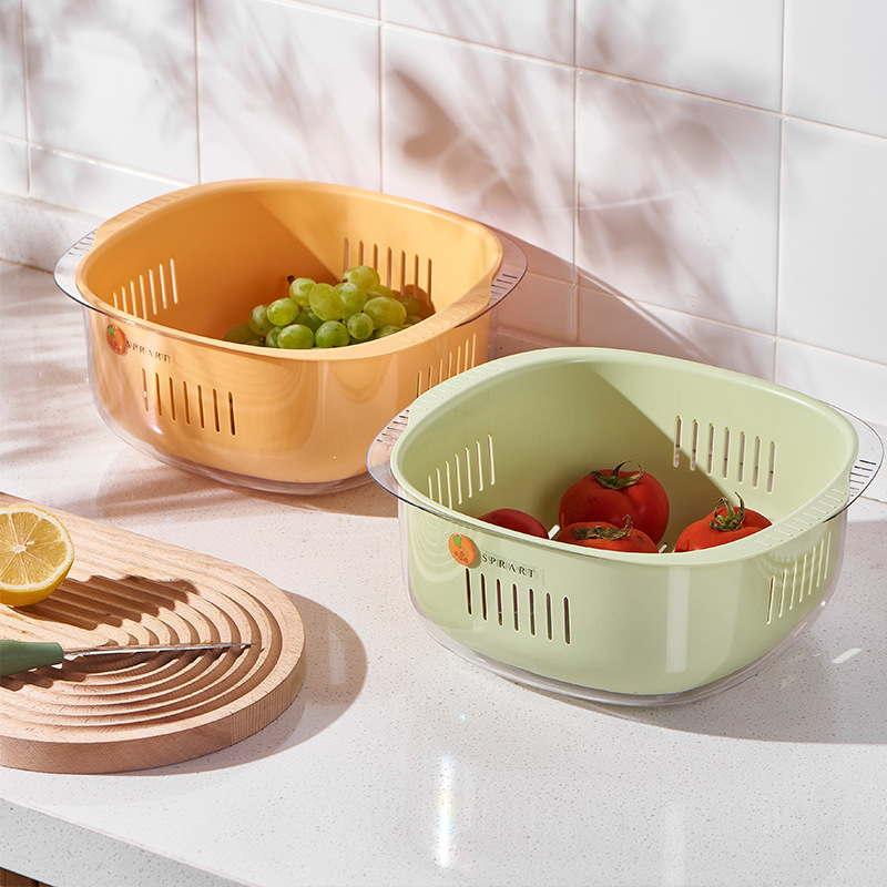 Double-Layer Drain Basket Plastic Vegetable Washing Basket Kitchen Living Room Multifunctional Fruit and Vegetable Basket