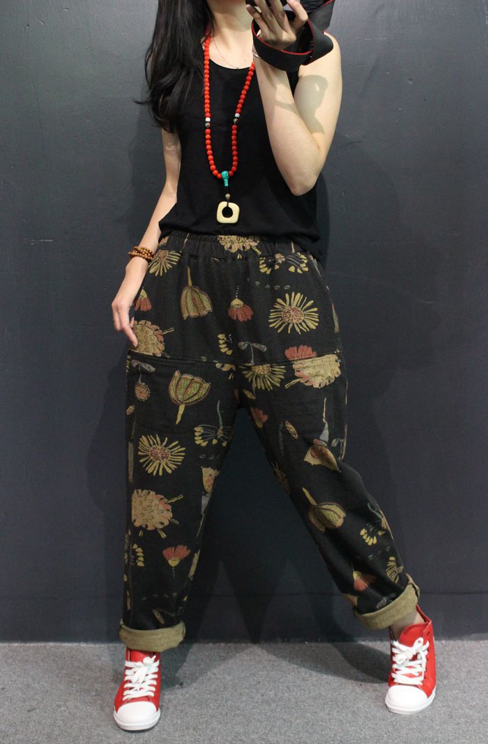 复古花色松紧腰印花哈伦裤女2020秋季新款休闲宽松大码显瘦裤子