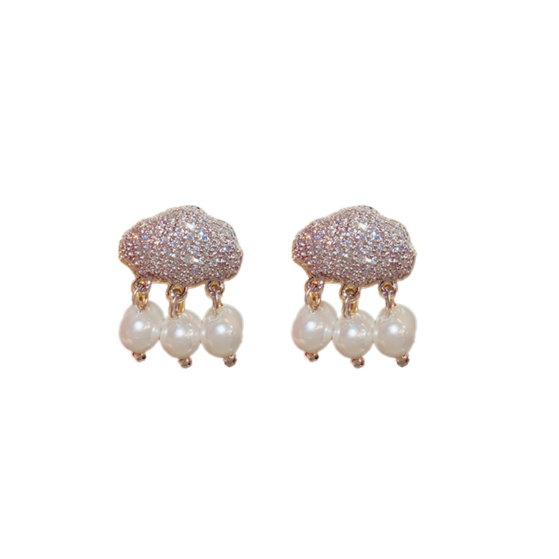 Fashion High-End Simple Micro-Inlaid Clouds Tassel Pearl Niche Design Korean Earrings Eardrops