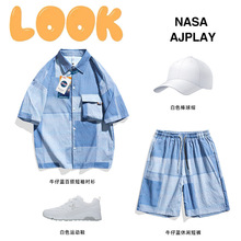 NASA设计感小众短袖衬衫套装男款夏季潮流青少年痞帅气休闲两件套