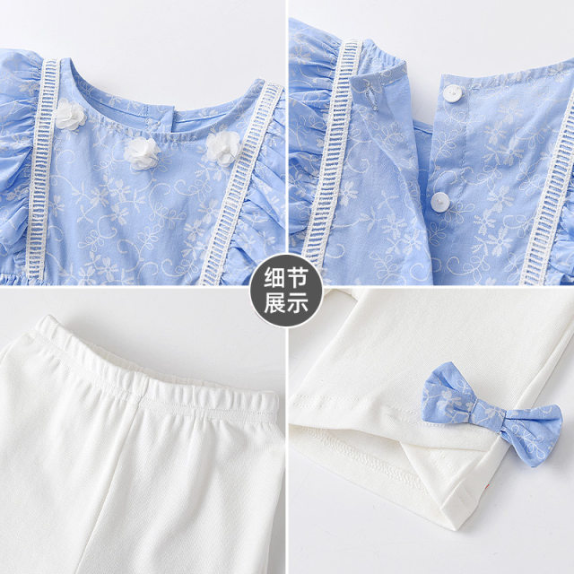 Girls summer suit Korean version blue print flying sleeve top lady small flower baby shorts go out two-piece set Girls summer suit Korean version blue print flying sleeve top lady small flower baby shorts go out two-piece set