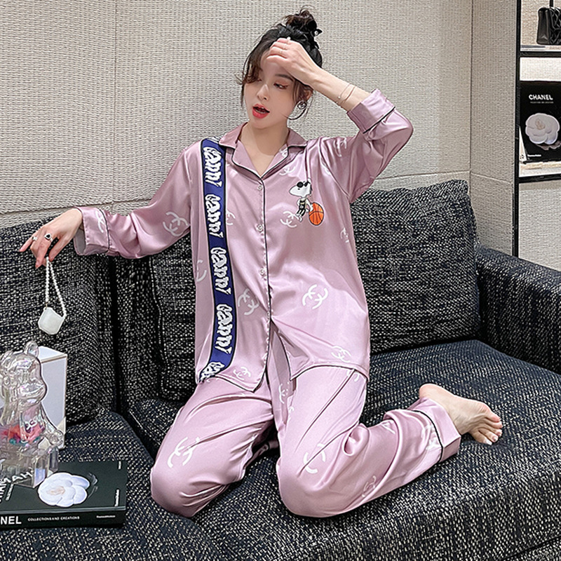 抖音直播冰丝睡衣女夏季长袖翻领开衫套装网红大码卡通印花家居服