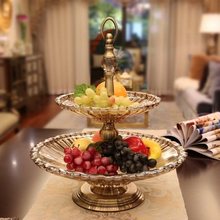 奢华欧式双层玻璃果盘炫纹家用客厅大号水果盘糖果盘美式摆件