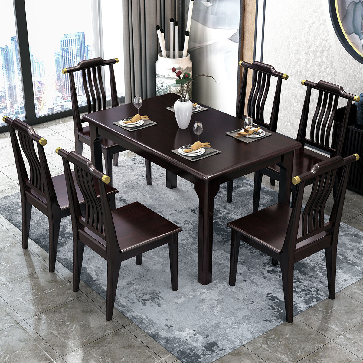 新中式禅意实木餐桌椅组合 全实木长方形饭桌轻奢中式风家具餐台