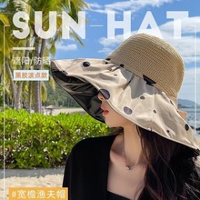 夏季新款遮阳帽时尚波点大帽檐太阳帽户外沙滩黑胶蝴蝶结防晒女帽