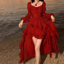 Blovelan玫瑰炽影 气质复古系带不规则大摆收腰显瘦连衣裙春新款