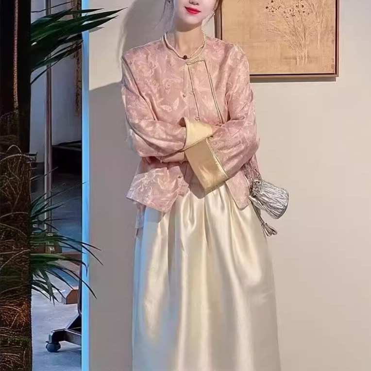 新中式女装国风禅意茶服套装粉色盘扣上衣裙子两件套2024春季新款
