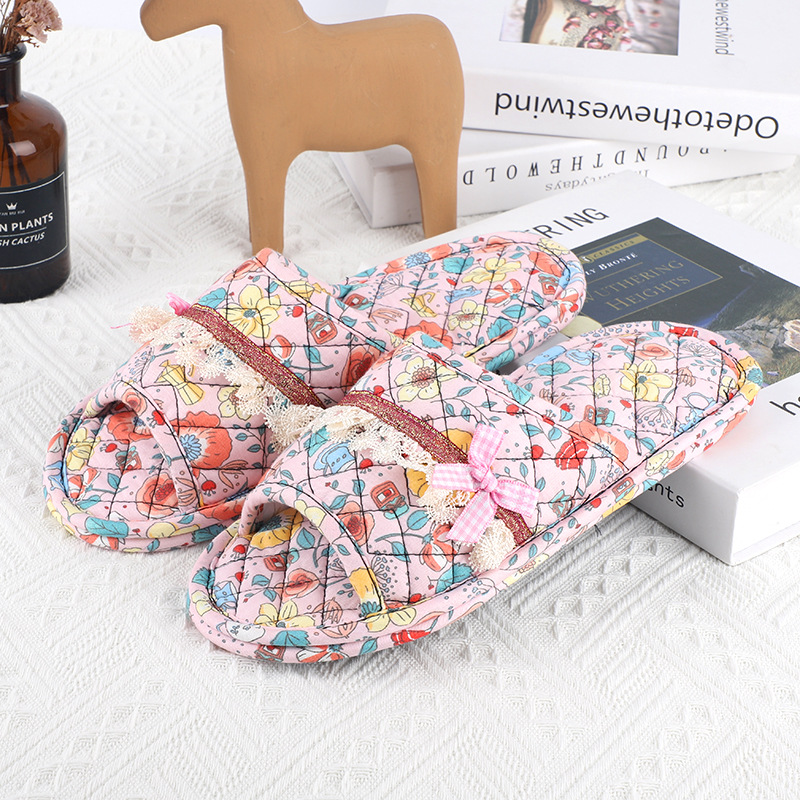 Spring and Autumn Floral Fabric Slippers Male and Female Home Indoor Non-Slip Home Floor Heating Half Pack Cotton Slippers Machine Wash