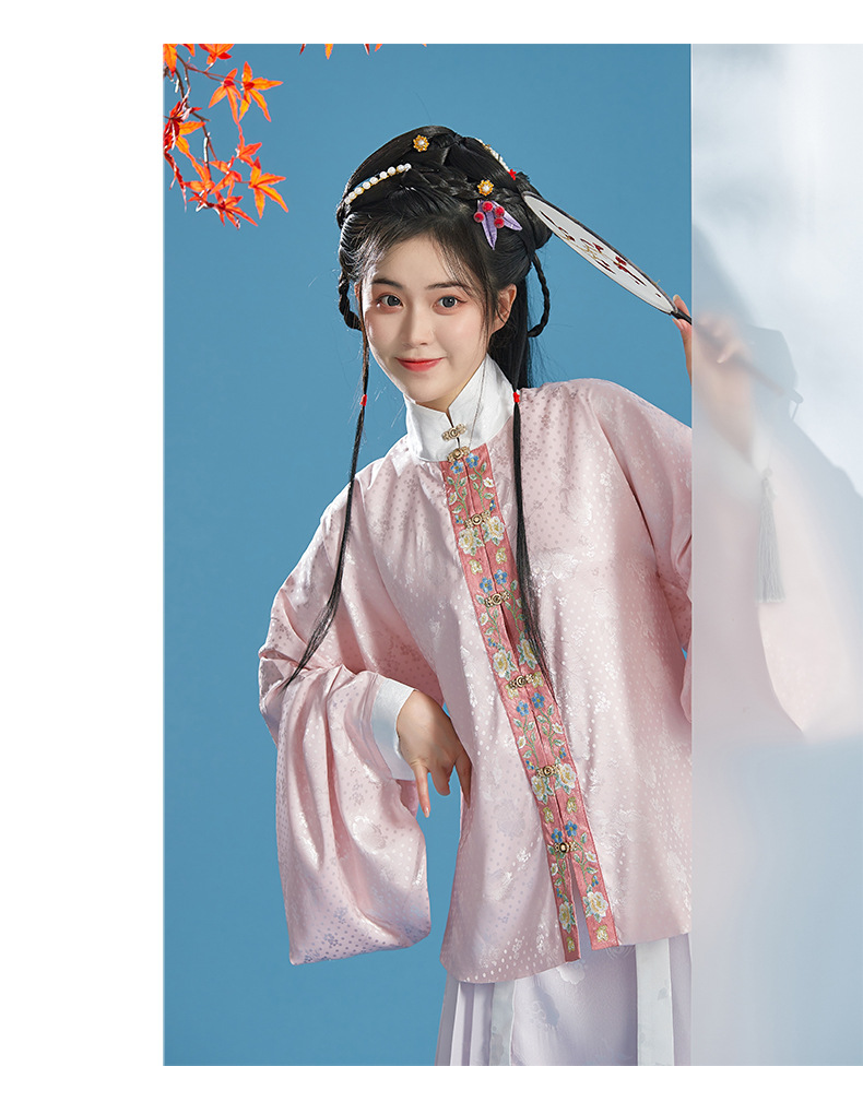 m,l颜色粉色短袄,杏色短袄,淡紫色马面裙,绿色马面裙,湖蓝色马面裙