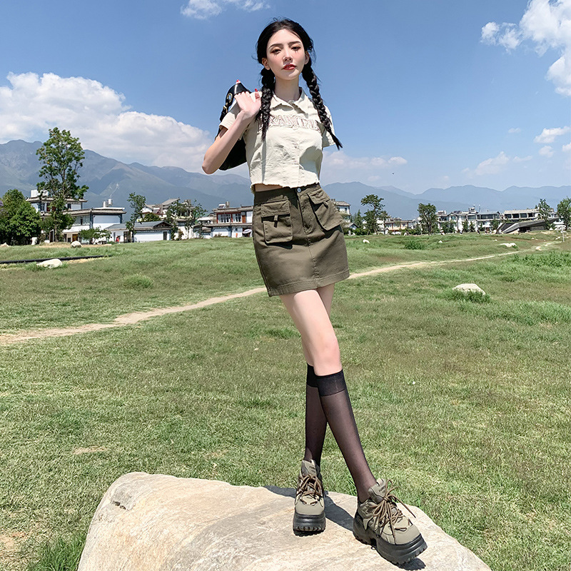 军绿色工装半身裙子女2023夏季新款时尚高腰小个子牛仔短裙包臀裙