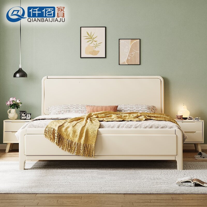 北欧奶油风全实木床1.8米主卧双人床1.5米家用高箱储物白色公主床